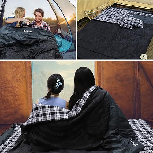 Vista 25 de Saco de dormir doble de franela para adultos con 2 almohadas, sacos de dormir para 2 personas, camping, XXL, tamaño Queen, saco de dormir para dos