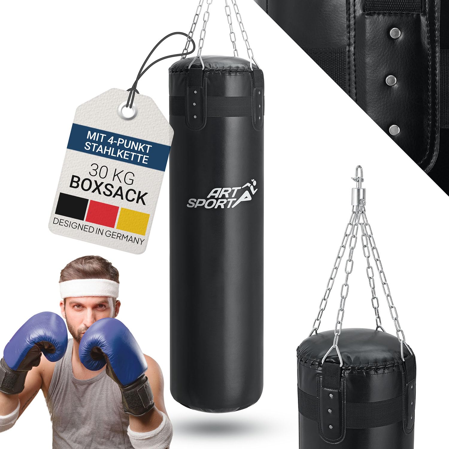 ArtSport® Boxsack Set 30 kg gefüllt, Box Set mit 4-Punkt-Stahlkette & Drehwirbel - für Erwachsene, Boxsack hängend 110 cm für Boxen & Kickboxen