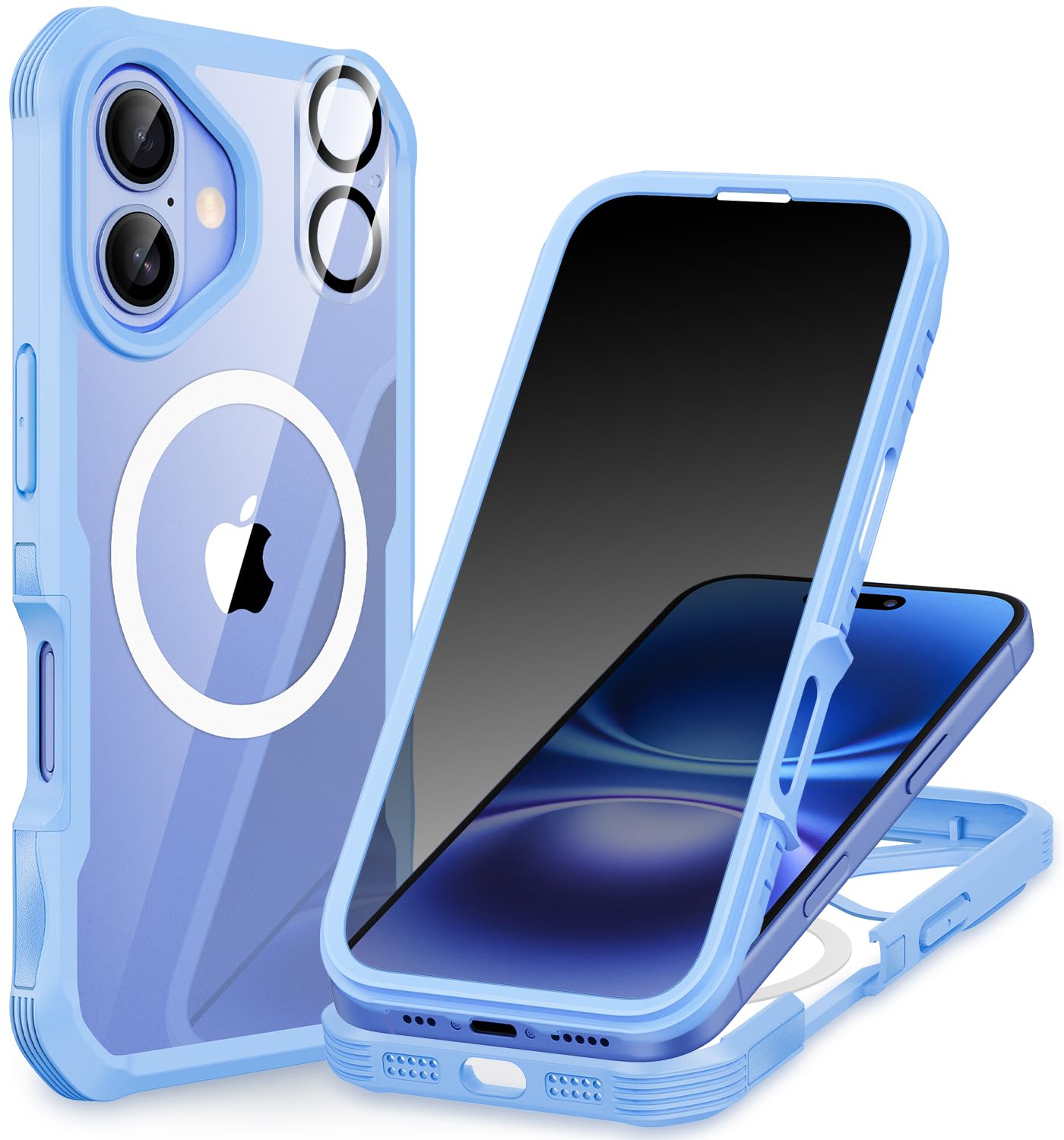 CENHUFO Magnetica Privacy Cover iPhone 16 Plus, Compatibile con Magsafe Integrata Vetro Temperato Anti Spia Schermo e Protezione Fotocamera Custodia Antiurto 360 Gradi Rugged Doppia Faccia Case -Blu
