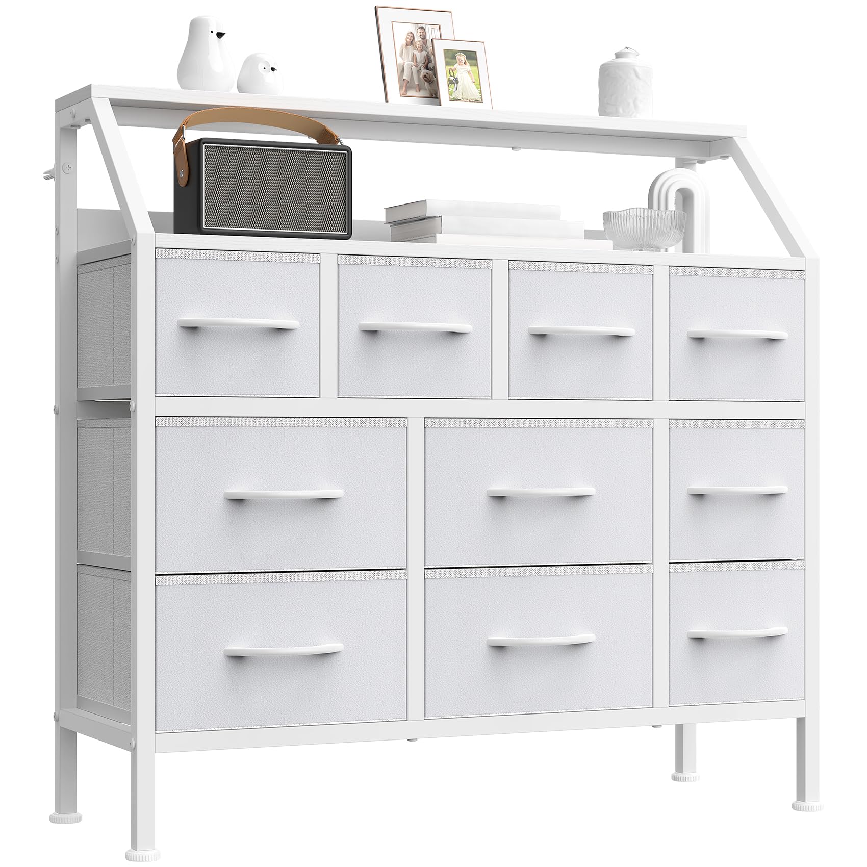 GoaHi 10-Drawer Fabric Chest of Drawers, Compact Storage Unit with 4 Large & 6 Medium Drawers, Open Shelf on Top & Desk Top, Adjustable Feet & Anti-Tip, for Bedroom, Living Room, Hallway, White