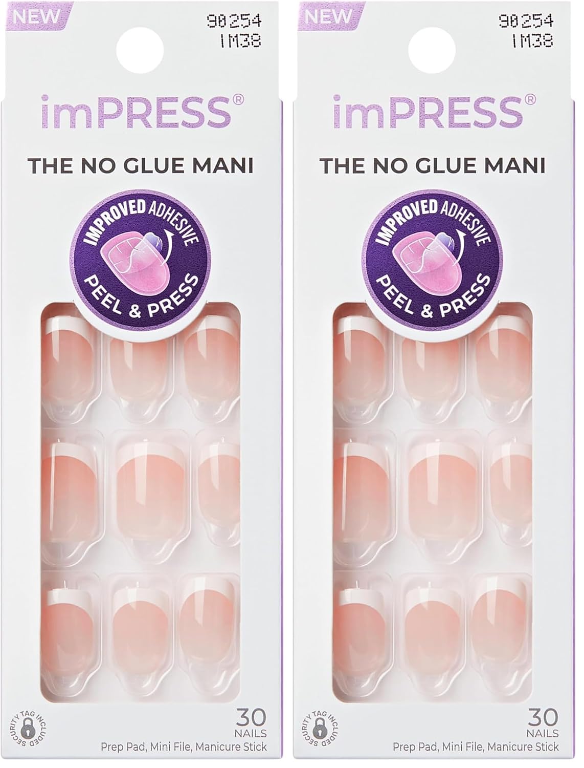 Kiss Impress No Glue Mani Press On Nails, Design, 'Chic French', Pink, Short Size, Squoval Shape, Includes 30 Nails, Prep Pad, Instructions Sheet, 1 Manicure Stick, 1 Mini File (Pack of 2)