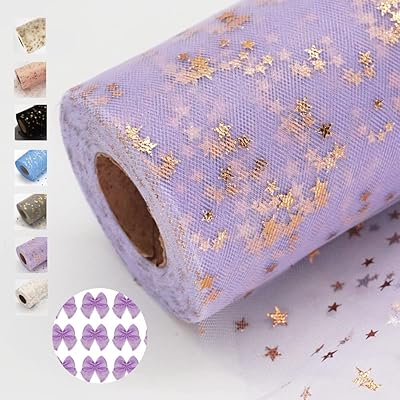 Sponsored Ad - Lavender Glitter Tulle Rolls with Foil Stars 6 Inch by 50 Yards Sparkle Fabric Ribbon for DIY Tutu Skirt Se...