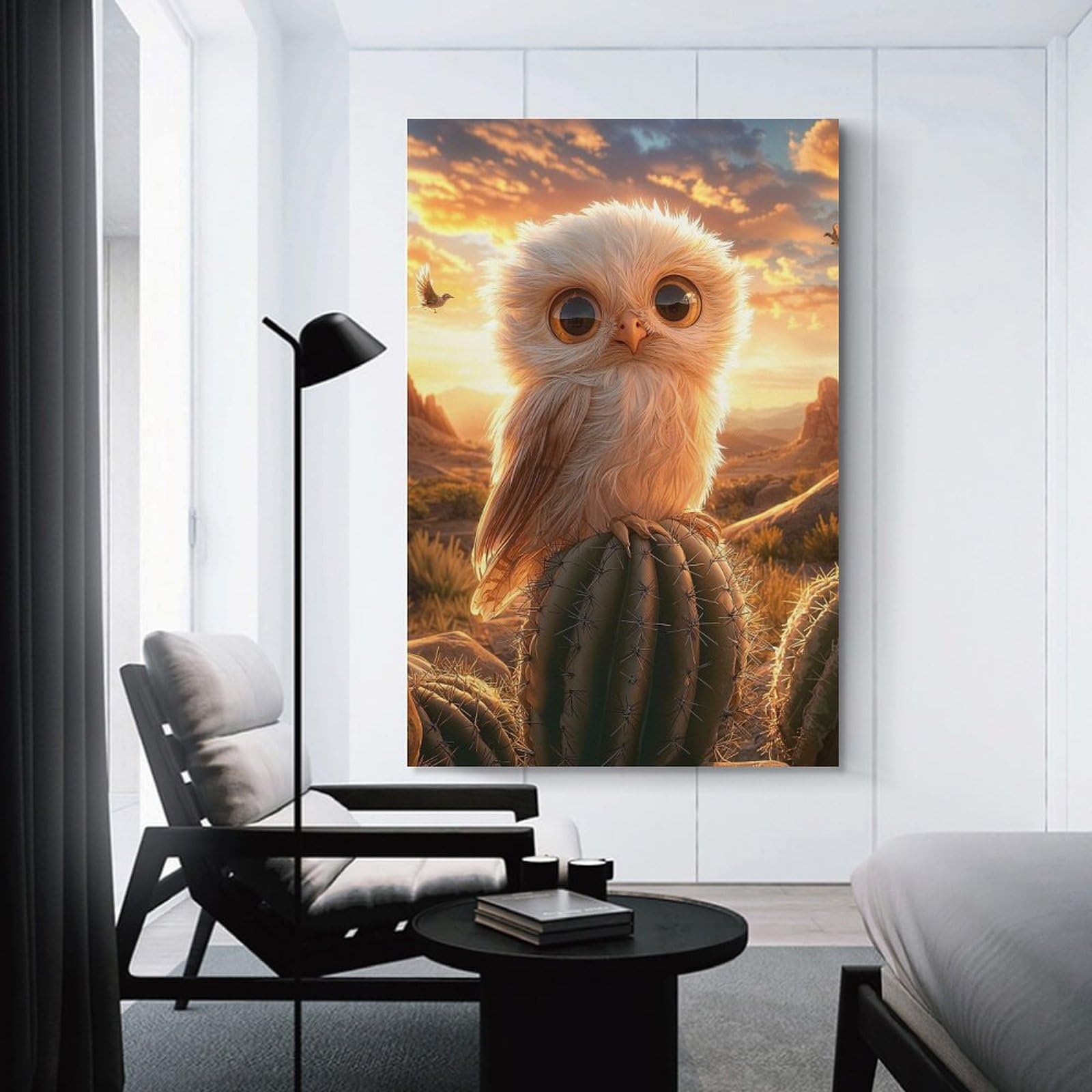 Junmoney Cute Owl on Cactus Canvas Wall Decor 20x30inch(50x75cm), for Study, Office Or Focused Interiors, Wall Art That Adds Style to Work Areas