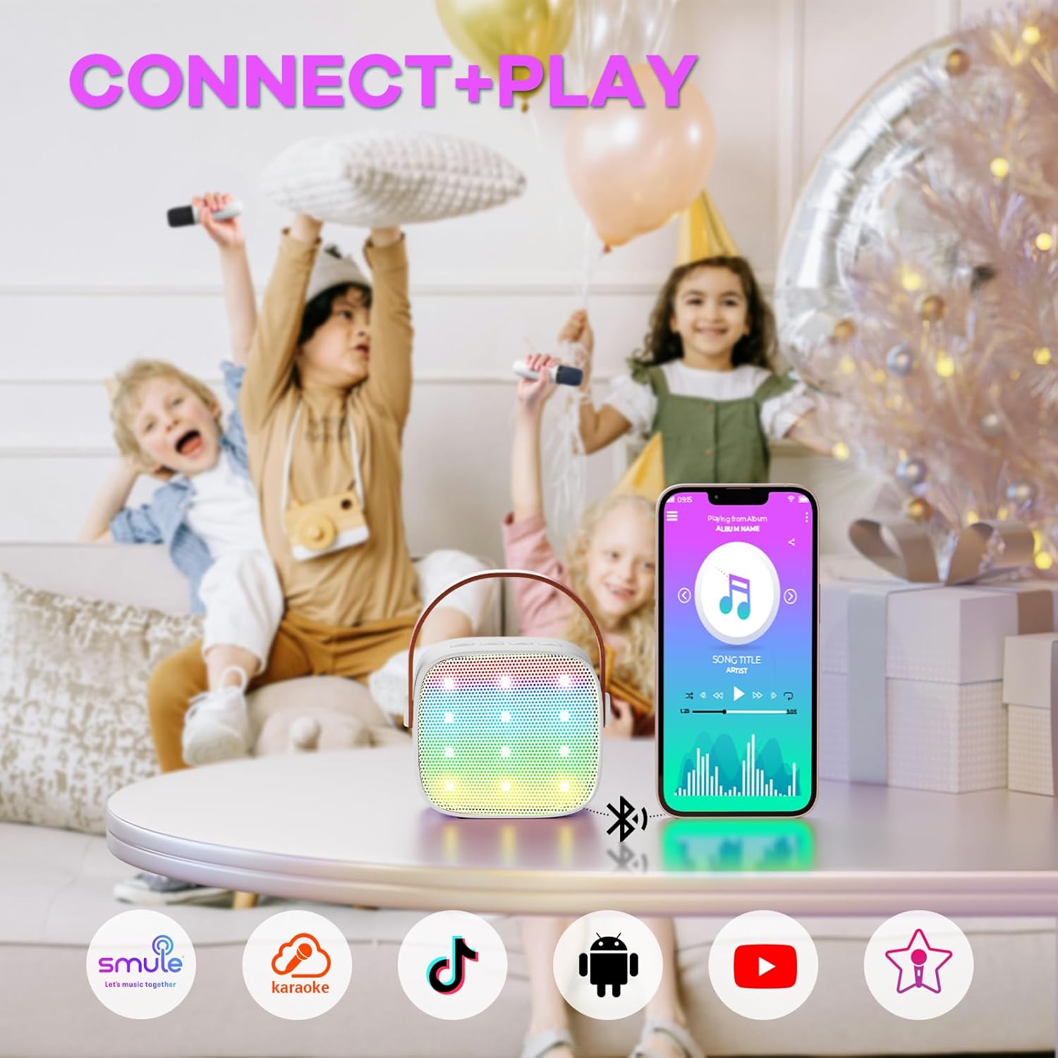 Mini Karaoke Machine for Kids Adults, Portable Bluetooth Speaker with 2 Wireless Microphones,Toys Birthday Gifts for Girls 3, 4, 5, 6, 7, 8, 9, 10, 11, 12  Years Old Toddler Teens(White)