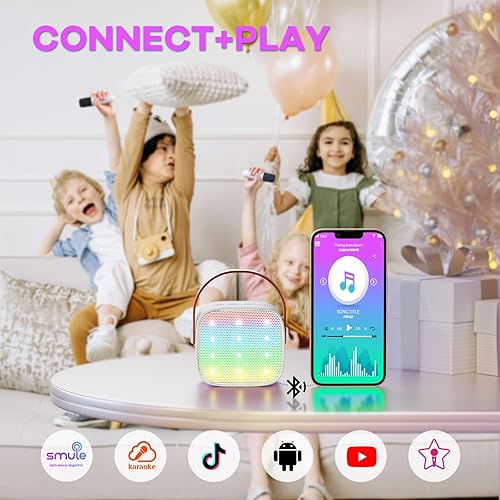 Miniatura 5 de Mini máquina de karaoke para niños y adultos, altavoz Bluetooth portátil con 2 micrófonos inalámbricos, juguetes regalos de cumpleaños para niñas de