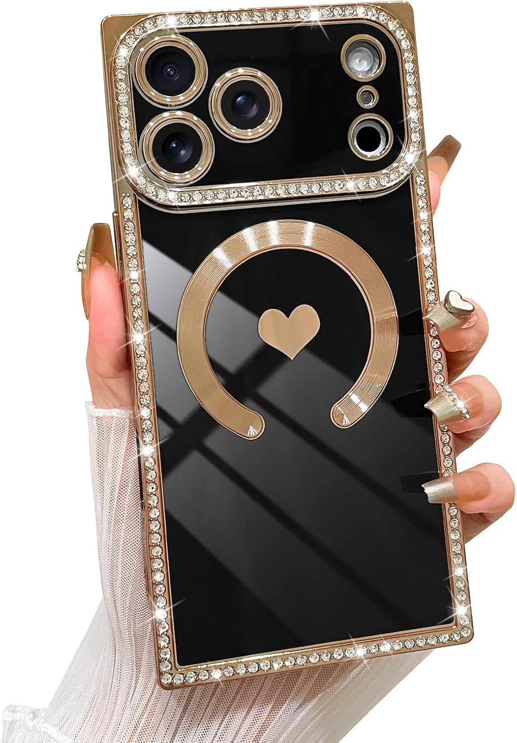 SAKUULO Magnetic Rhinestone Love Heart for iPhone 17 Pro Max Case Black