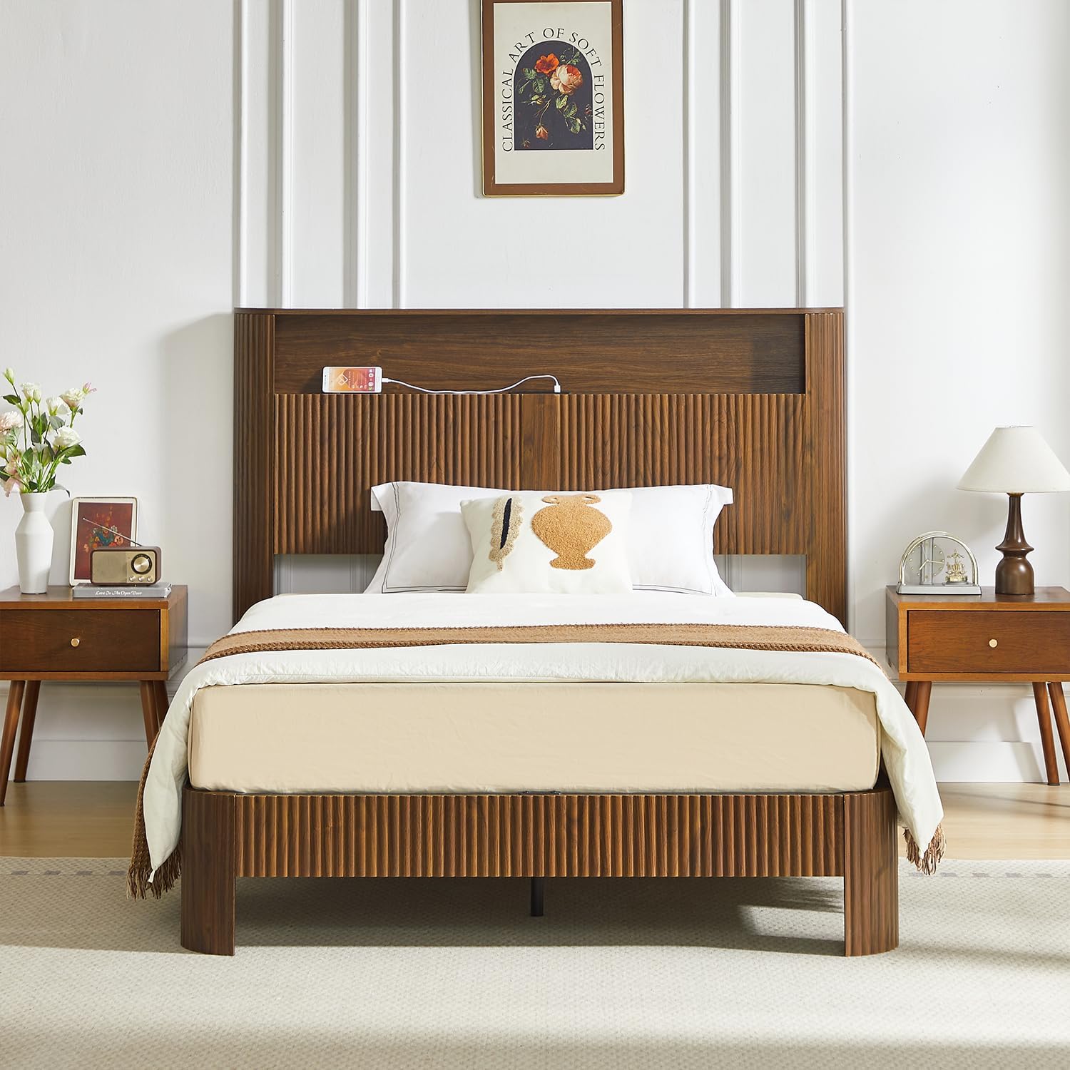 Wooden Full XL Size Bed Frame with Storage Headboard, Rustic Farmhouse Queen Platform Frames with Charging Station,Under Storage, Metal Support, No Box Spring Needed, Walnut