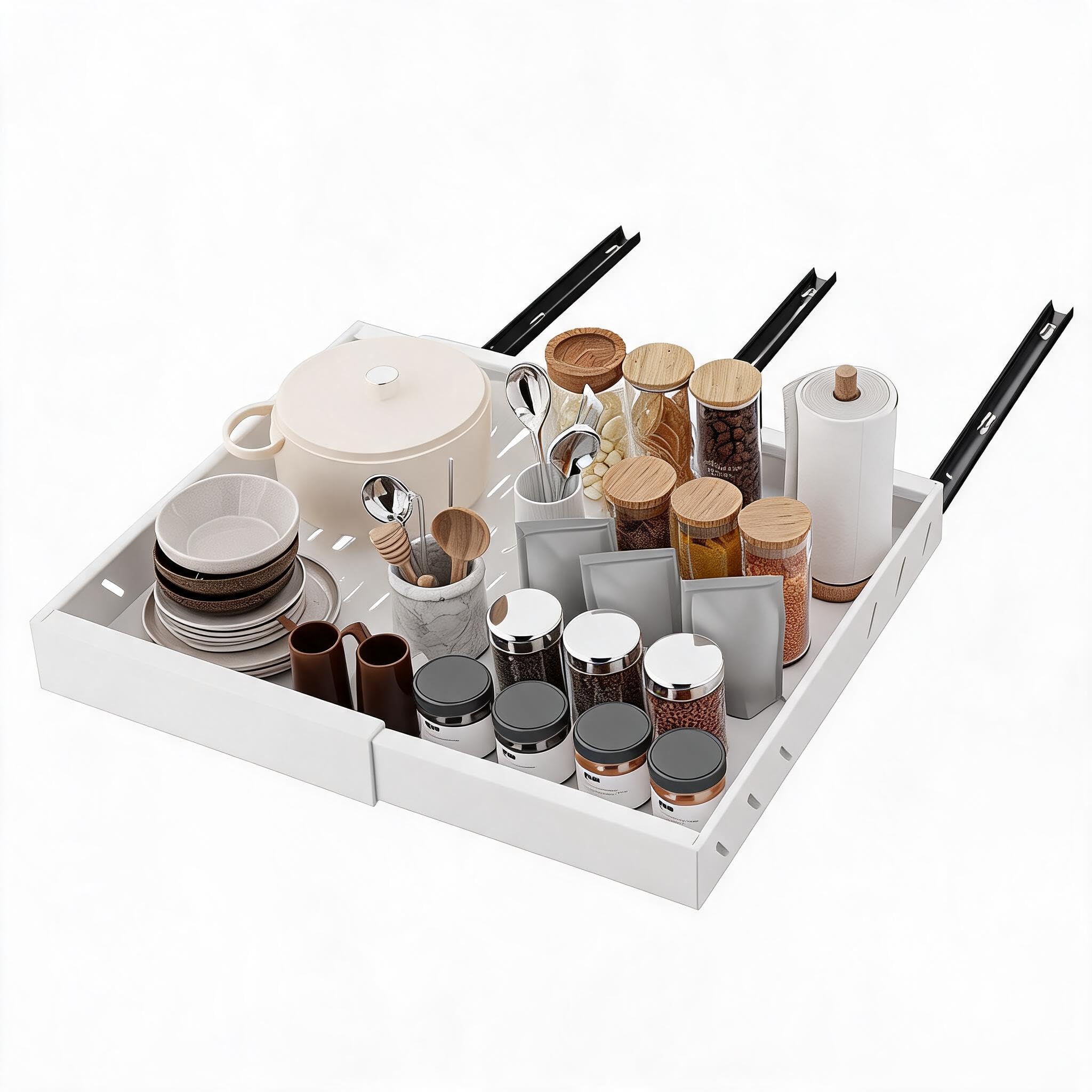 Garvee Organisateur Placard Extensible Ajustable, Panier Rangement En Acier Carbone Antirouille, Plateau Extractible Avec Rails Silencieux, Pour Placard Profond, Sous Évier, Ustensiles Et Épices