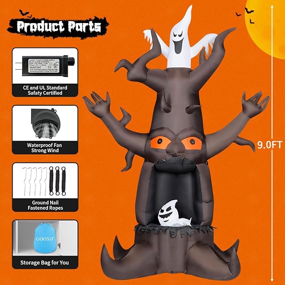 GOOSH 9 FT Halloween Inflatable Animated Dead Tree Outdoor Decorations Blow Up Yard Scary Tree And White Ghost With Built-In LEDs For Outdoor Garden Lawn Party Decor