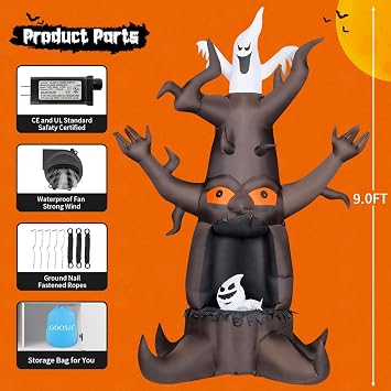 GOOSH 9 FT Halloween Inflatable Animated Dead Tree Outdoor Decorations Blow Up Yard Scary Tree And White Ghost With Built-In LEDs For Outdoor Garden Lawn Party Decor