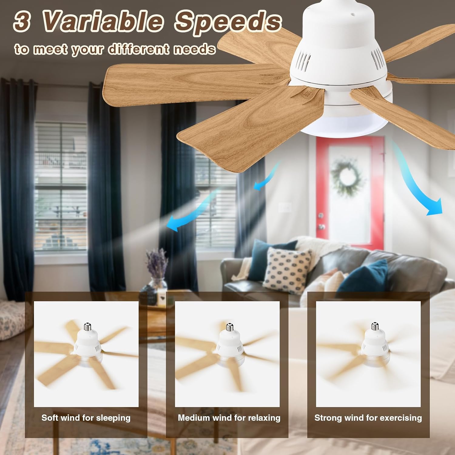 Socket Fan Light with Remote Control, 20" Screw in Ceiling Fans with Lights & Socket Extender Light Bulb Fan 3 Speeds, Ceiling Fan Light 6 Blades for Bedroom, Kitchen, Garage, Wood Grain