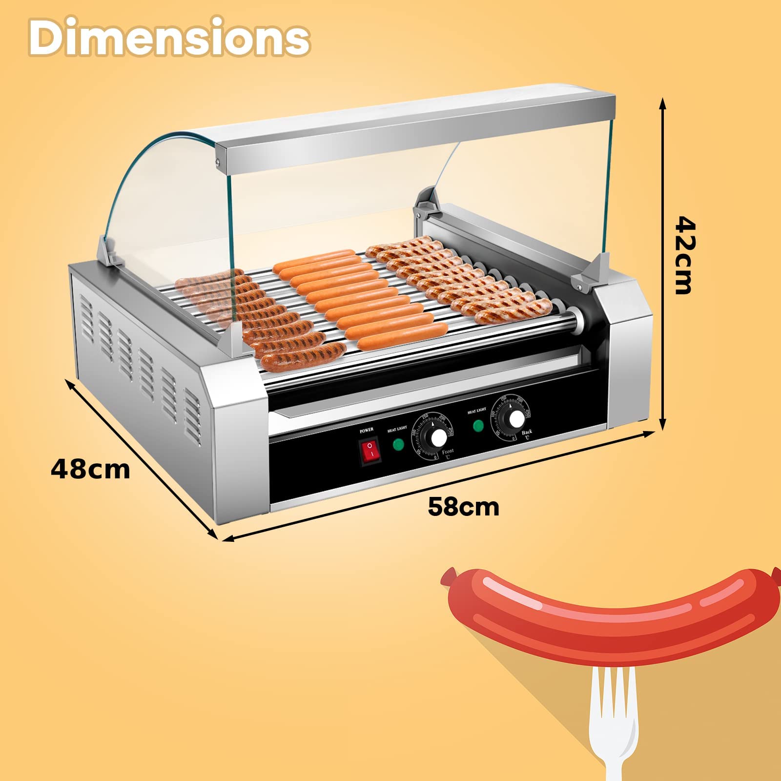 Hot Dog Roller Sausage Grill Cooker 30 Hot Dog Capacidad Hot Dog Cooker Máquina de Hot Dog de Acero Inoxidable con Doble Control de Temperatura Bandeja de Goteo Desmontable