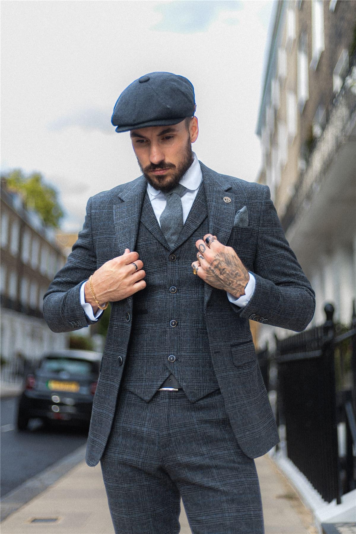 Costume Homme 3 Pièces Tweed à Carreaux Style Vintage Coupe Ajustée | Gris