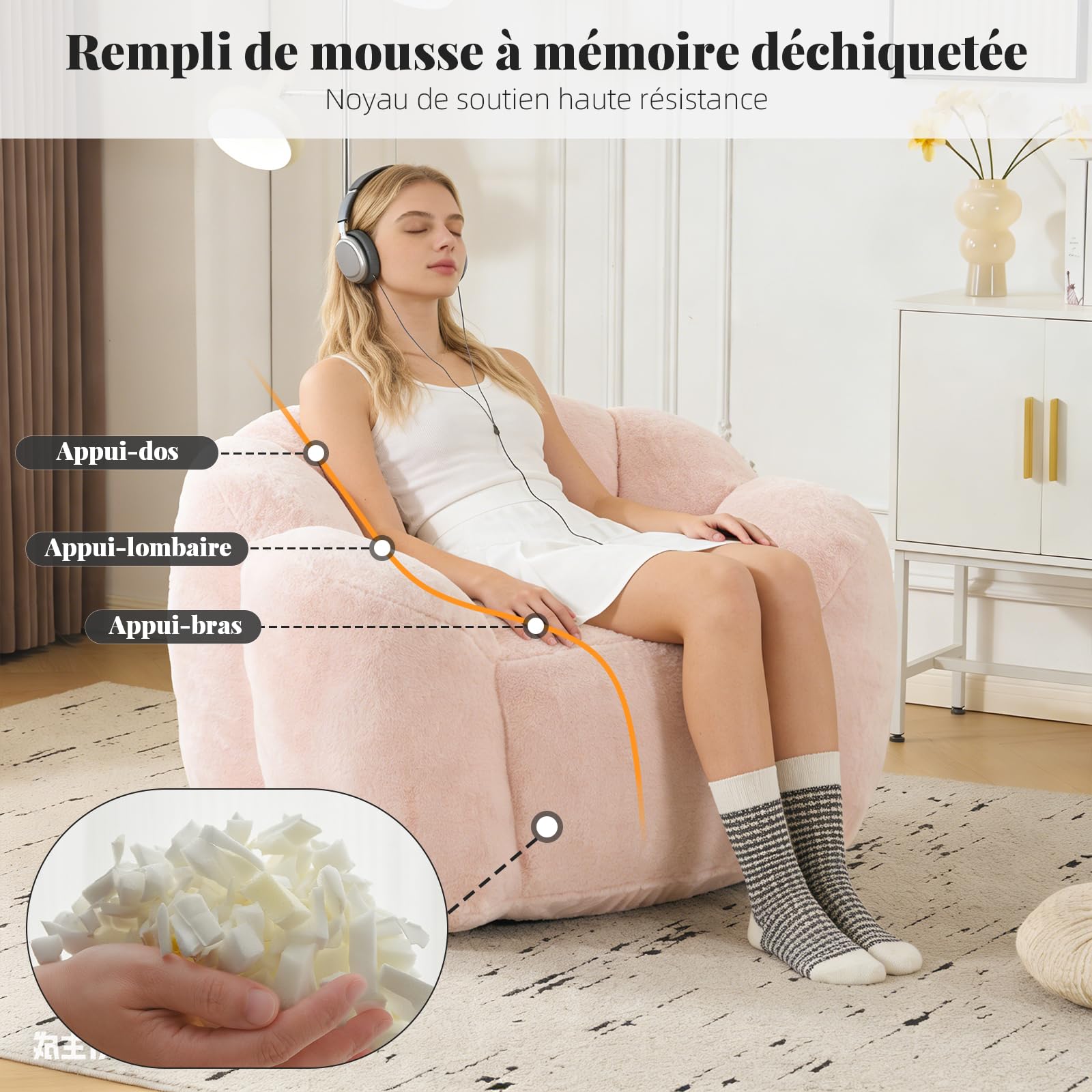Pouf pour Adulte avec Rembourrage, Pouf en Forme de pétale, Grand Pouf en Fourrure synthétique, Fauteuil de Salon Confortable, Mousse Haute densité, Chambre à Coucher, Salon, Rose