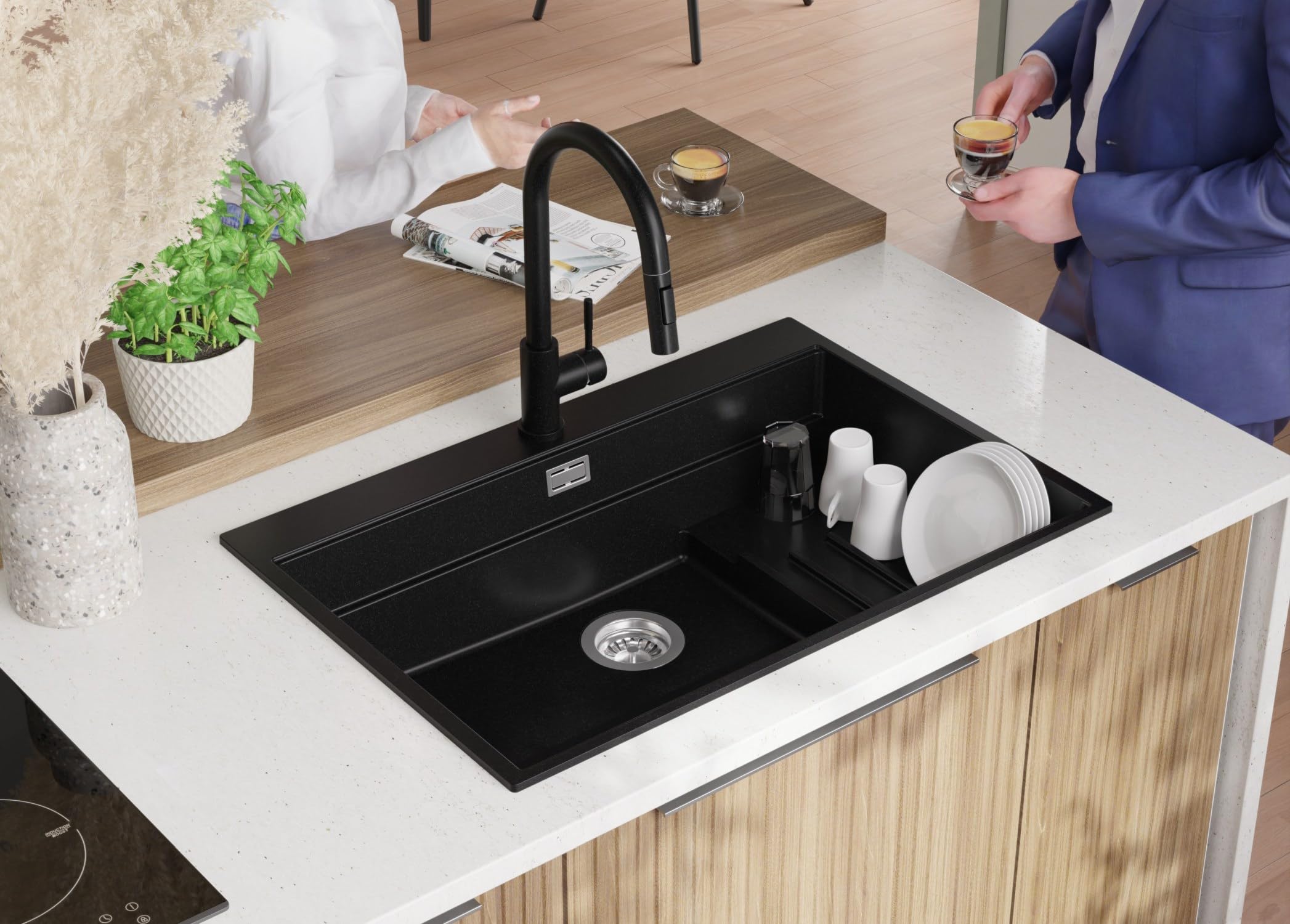 PRIMAGRAN Lavello da Cucina Nero 78x53cm, Lavandino in Granito a 1 vasca + Sifone Classico, Lavabo da Cucina Incasso al Mobile 80cm - Oslo Max Step S095