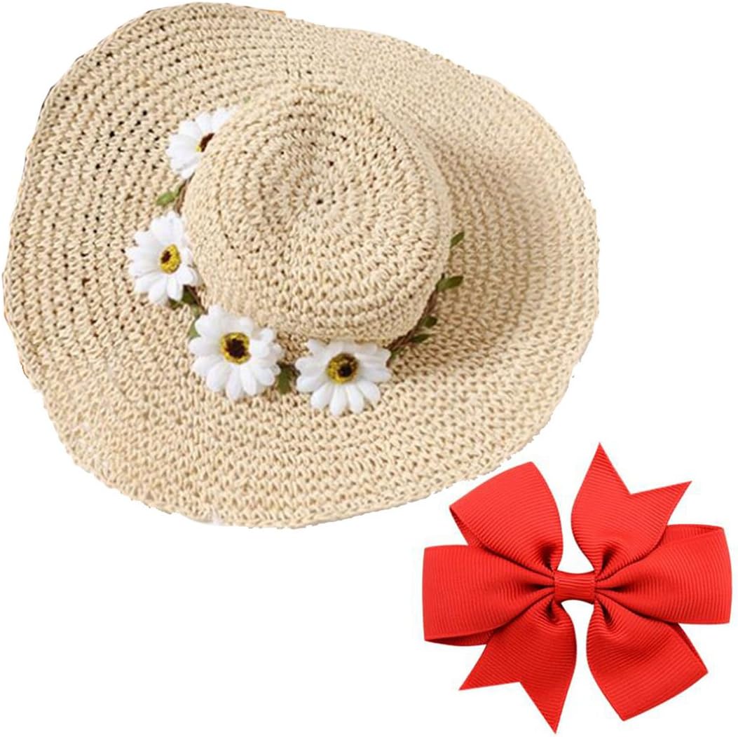 Kids Girl Wide Brim Paper Straw Sun Flower Hat Beach Cap + Bowknot Hairpin Gift (Khaki)