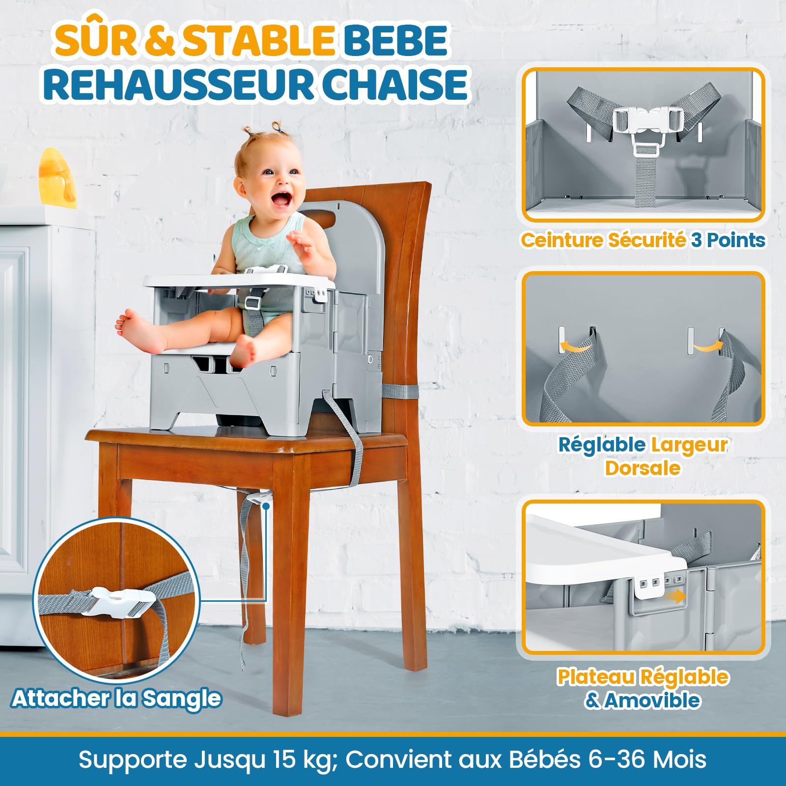 Orzbow Pliable Rehausseur de Chaise Bebe,Stable Chaise Bebe de Table avec Plateau de Repas,Matériau ABS,Construction Robuste,Facile à Utiliser,pour Les Bébés de 36 Mois Maximum et de 15 kg,Gris
