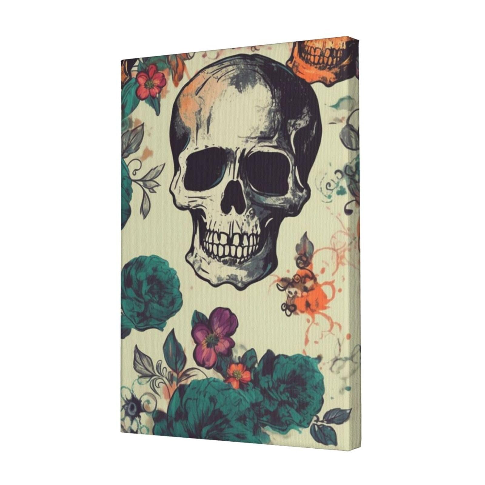 KLOPH Skull flower Canvas Wall Art for Living Room 12"x18" Modern Artwork Painting for Bathroom Hanging Canvas Prints Aesthetic Wallart for Bedroom Kitchen Office Wall Decor