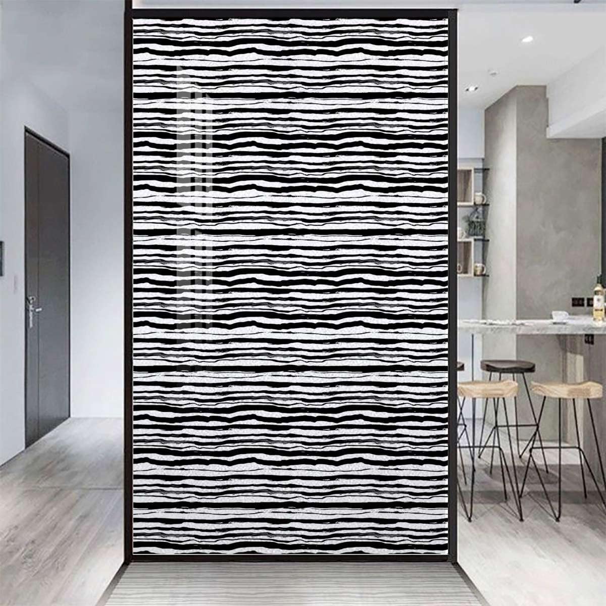 Black White Window Sticker Non-Adhesive Glass Film Abstract Ink Striped Pattern Stained Glass Film Frosted Privacy Window Film Geometric 31.5Wx62.9L-inch