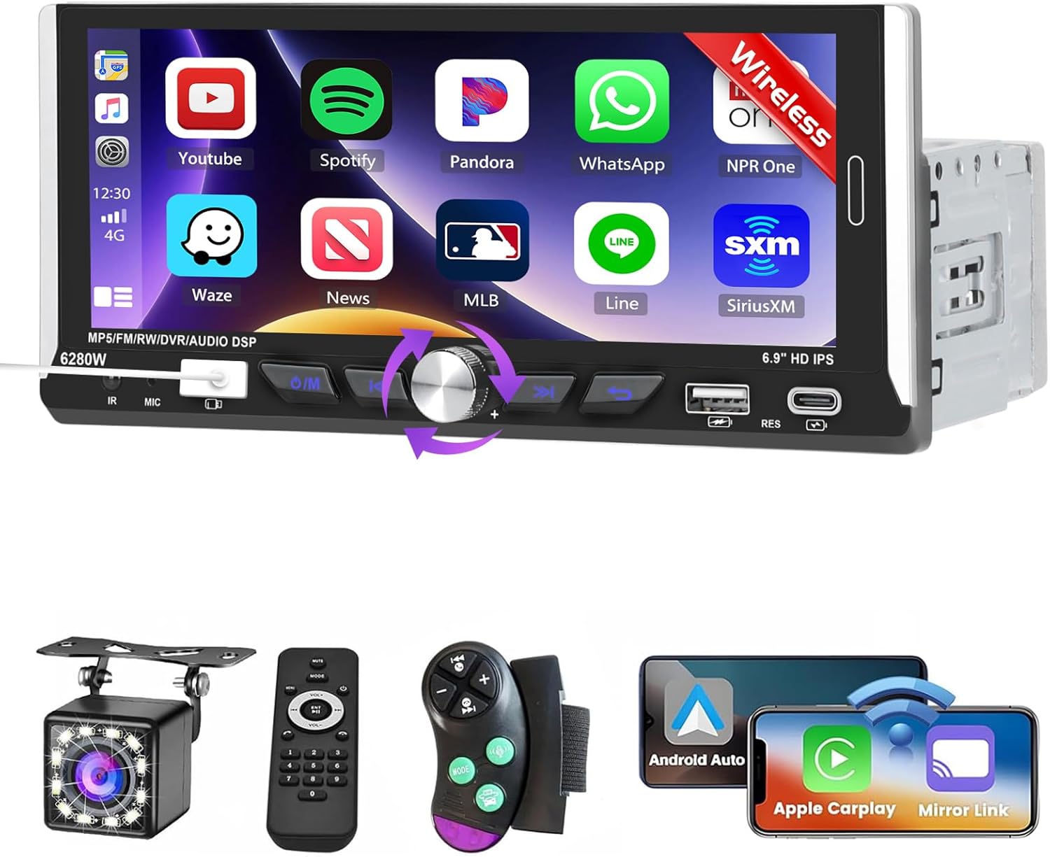 Hikity Car Radio 1 DIN with CarPlay Android Auto Wireless Autoradio 6.9 Inch Touch Screen Car Radio Bluetooth Mirror Link Radio with Reverse Camera, FM USB SWC Mic Remote Control