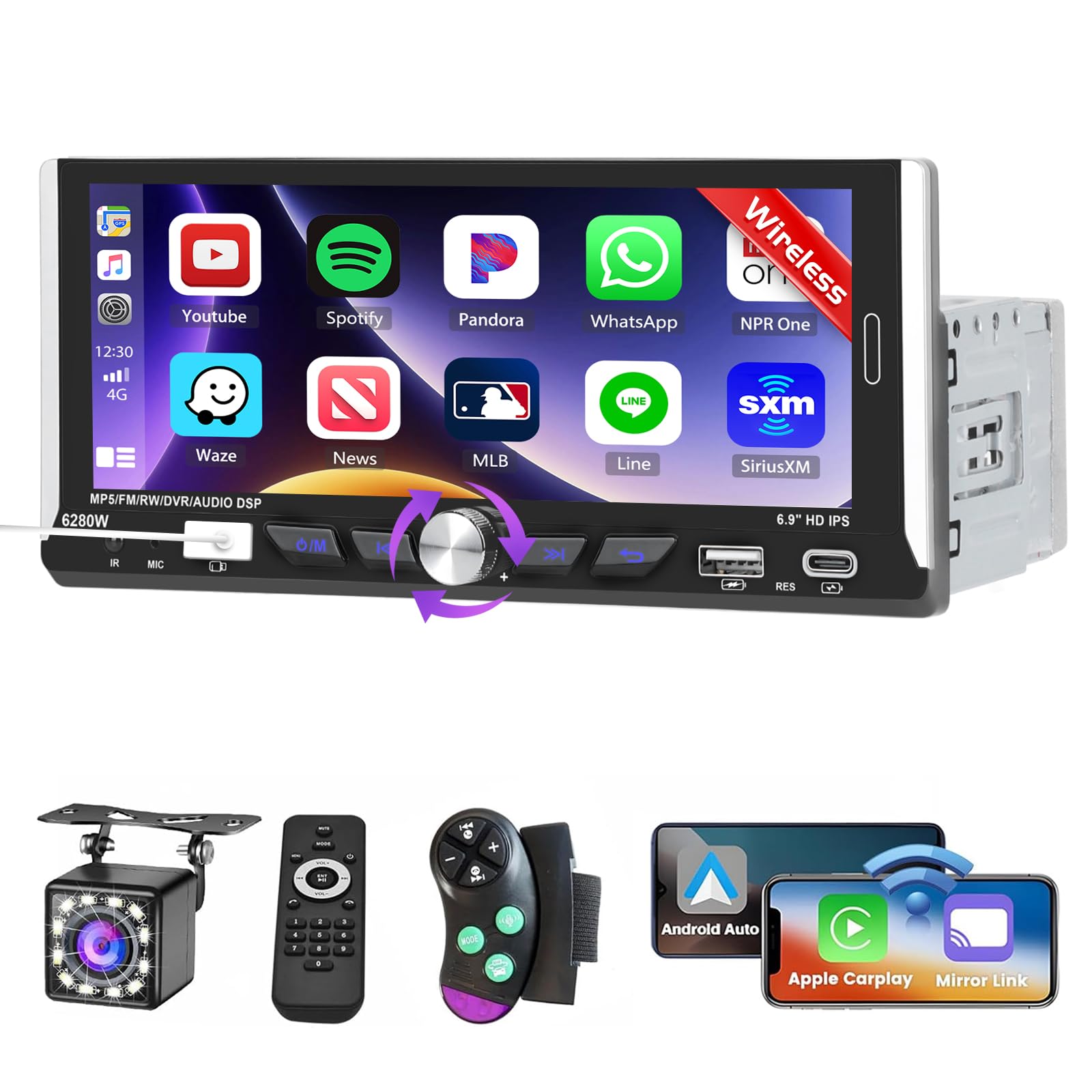 1 DIN FM Pantalla Táctil Autorradio con Wireless Carplay Android Auto | HD 6.9 Pulgadas con Bluetooth Retroiluminación Multicolor Cámara de Marcha Atrás Grabador de Vídeo Digital EQ AUX