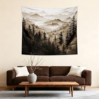 QGHOT Misty Forest Tapestry, Nature Mountain Tapestry Wall Hanging Dark Brown Watercolor Landscape Wall Art for Bedroom Living Room Decor 59.1"x51.2"