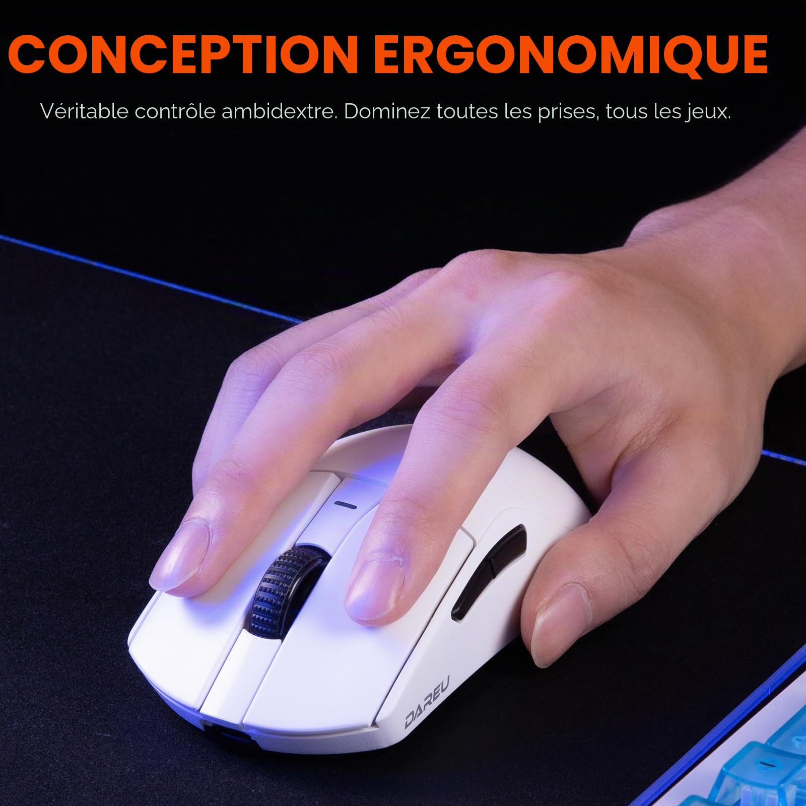 DAREU A950GM 60g Souris Gaming Ultralégère,Capteur Gaming PixArt PAW3395,100 Millions HUANO Gaming Micro Switches,26000 DPI,Recharge Rapide en 30 Minutes,Tri-Mode Souris Gaming pour PC/Mac,Blanche