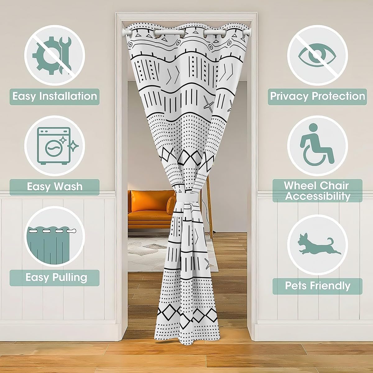 Boho Arrow Doorway Curtains Privacy, Bohemian Exotic Black White Closet Door Curtain for Bedroom, 30%-50% Blackout Room Darkening Thermal Insulated Curtain Drape for Doors Windows 1 Panel W42xL80 inch
