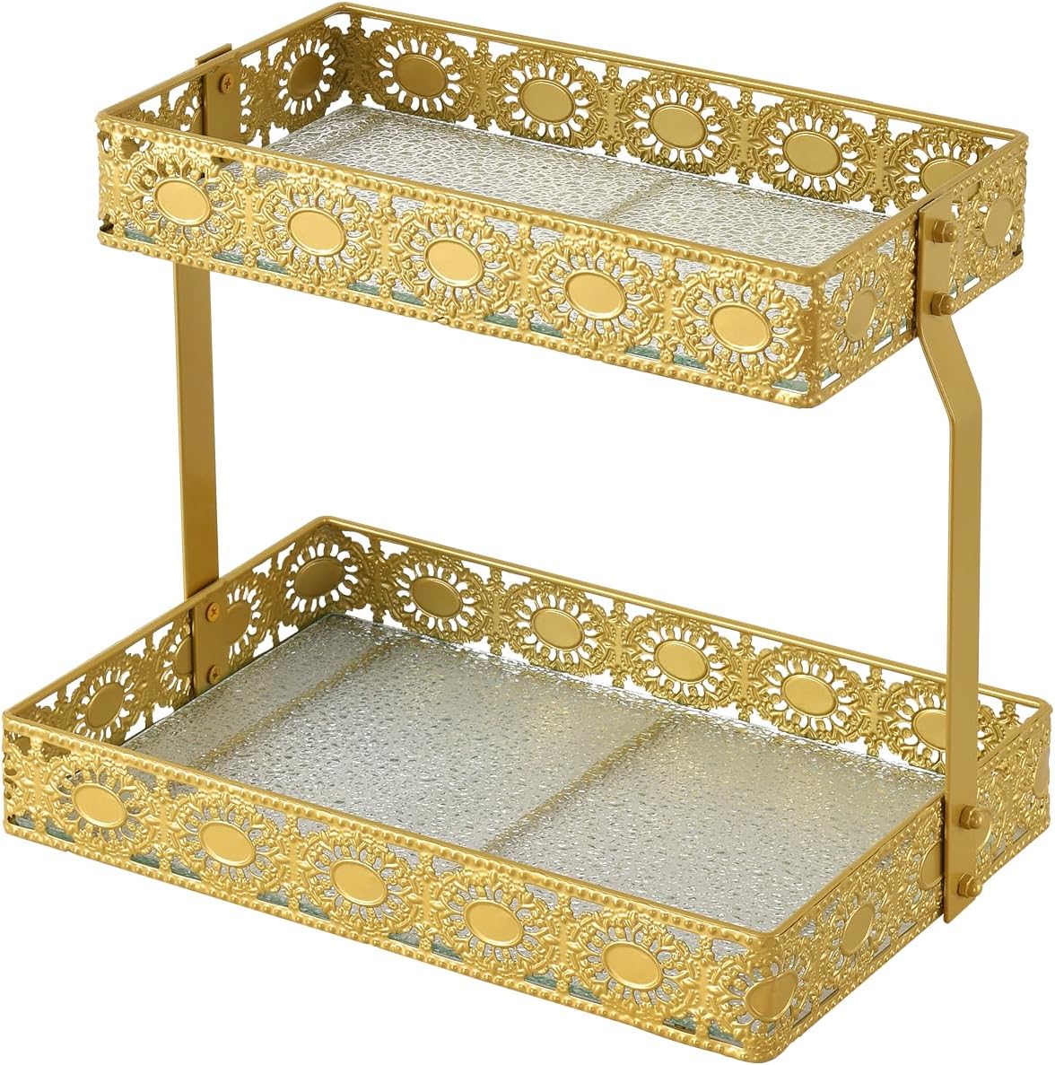 xiaojuande-Two Layer Glass Storage Tray with Portable Dressing Table Skin Care Product Organization Rack Corner Storage Rack for Bathroom Counter High-end Light Luxury Display Plate - Gold (Gold)