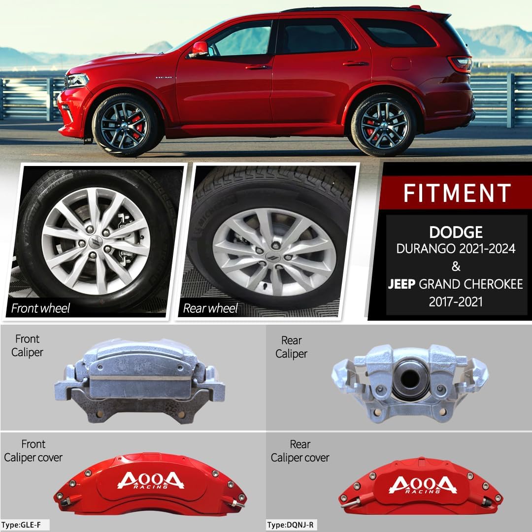 AOOA Aluminum Red Brake Caliper Covers with White Character fits Dodge Durango SXT/GT/R/T 2021-2026 and Jeep Grand Cherokee 2017-2021 (Set of 4)