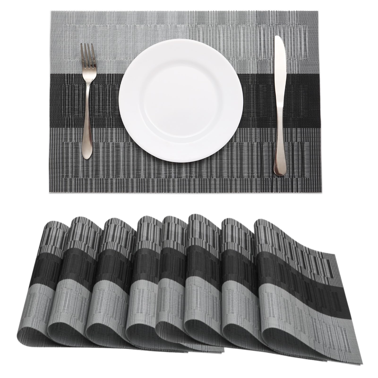 HeloHo Black Grey Stripe Placemats Set of 8, Heat-Resistant Washable Placemats Non-Slip Vinyl Woven Table Mats Wipeable Placemat for Kitchen Dining
