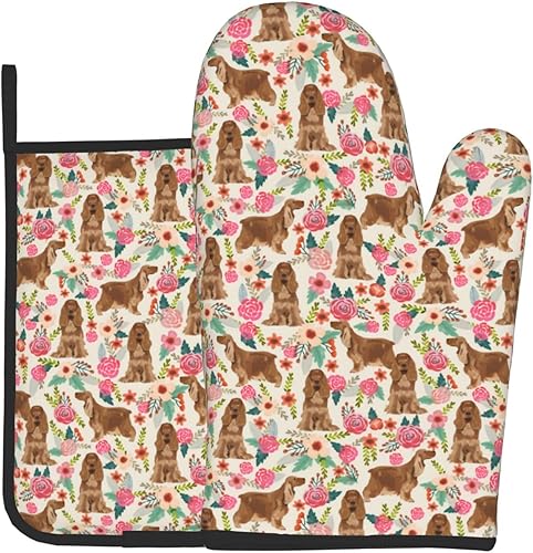 Lindos guantes de horno y soportes para ollas con estampado floral de perros Cocker Spaniel, reutilizables, antideslizantes, resistentes al calor,