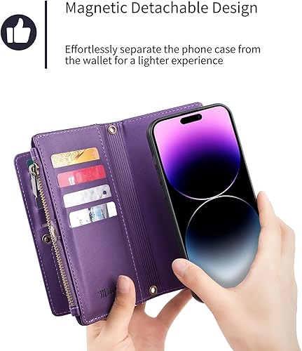 Miniatura 4 de MInCYB Compatible con iPhone 15 Pro Max Crossbody Wallet Case, iPhone 15 Pro Max de piel sintética desmontable con cremallera magnética, con correa
