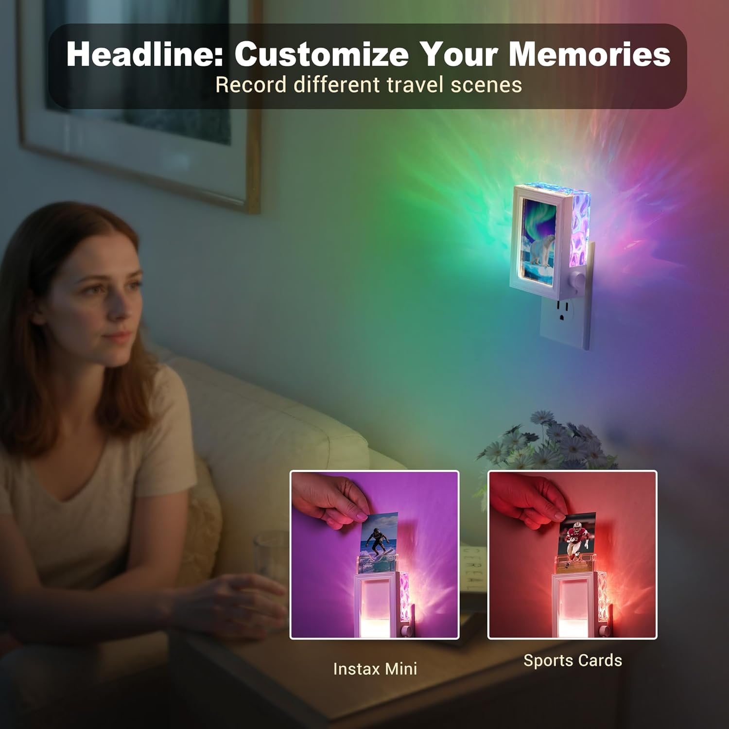 JandCase Night Lights Plug Into Wall: Picture Night Light with 10 Color Change, Dusk to Dawn Sensor, Backlit Nightlight with Picture Frames for Women Teen Girl Birthday Gifts Northern Light Projector