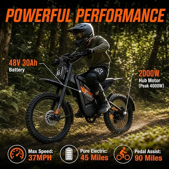 OUXI GT2000 Electric Dirt Bike for Adults Peak 4000W Motor Electric Motorcycle, 48V 30Ah Battery 90-Mile Range, Off-Road Ebike with Hydraulic Brakes  Suspension, UL2849 Certified