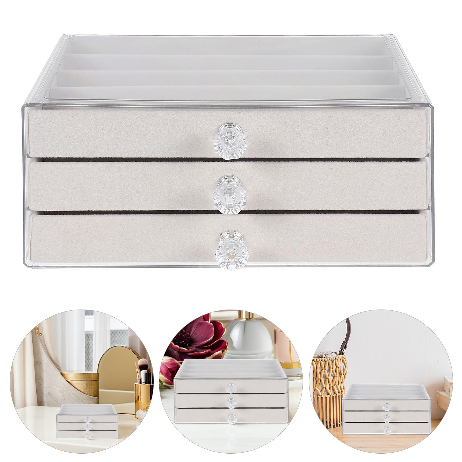 Zerodeko Organizer in Velluto Beige per Collane e Bracciali, Scatola Portaoggetti Antipolvere 15 Scomparti e 3 Strati, Custodia da Scrivania per Donne e Ragazze