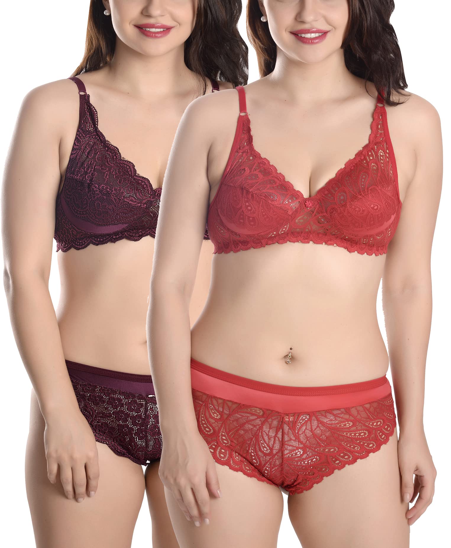 fims - fashion is my style Soft Lycra Stretchable Bra Panty Set for Women, Non-Padded, Non-Wired, Seamed, Floral Print, Full Coverage, Lingerie Set, Red Maroon, Cup-B, Pack of 2, Size- 38-picture-32