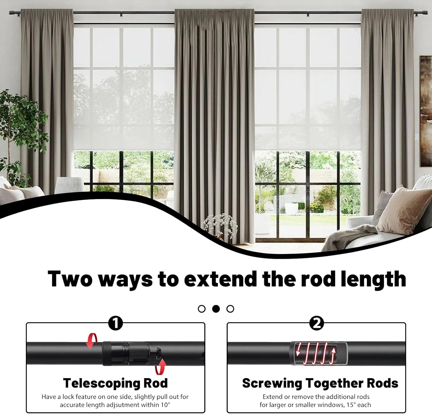 Curtain Rods for Windows 24 to 44 Inches, 1 Inch Short Black Curtain Rod Set, Adjustable Heavy Duty Decorative Drapery Rods for Small Cafe Windows French Door