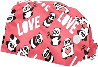 Cute Panda with Love Hearts Pattern 2 Pack Adjustable Working Cap with Buttons Elastic Bouffant Hats Head Scarf with Sweatband for Women Men