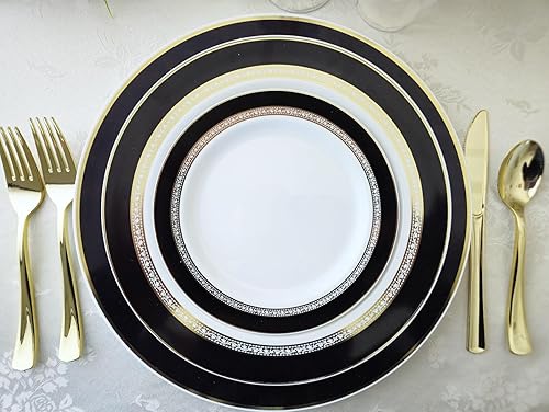 Miniatura 4 de "Ocasiones" Paquete de 50 platos (25 invitados) - Juego de platos de plástico desechables para fiestas de boda de peso pesado -25 x 10.5 pulgadas