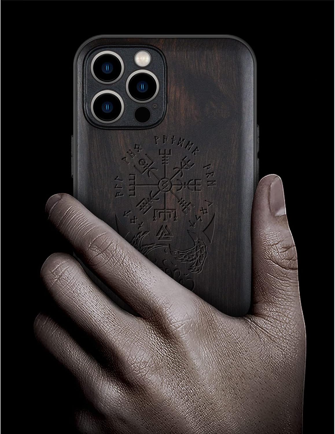 Carveit Magnetic Wood Case for iPhone 12 Pro Case [Hard Real Wood & Soft TPU] Shockproof Hybrid Protective Unique & Classy Wooden Cover Compatible with MagSafe (Viking Compass Vegvisir-Blackwood)