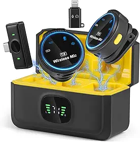 Microfone de Lapela Profissional Sem Fio com Capa de Carregamento, 2 Mini Microfones Sem Fio com Cancelamento de Ruído Inteligente, Compatível com Android e iPhone para Gravação de Vídeo