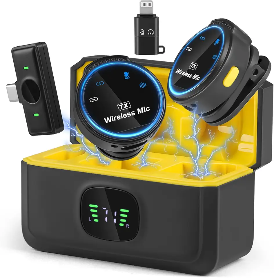 Microfone de Lapela Profissional Sem Fio com Capa de Carregamento, 2 Mini Microfones Sem Fio com Cancelamento de Ruído Inteligente, Compatível com Android e iPhone para Gravação de Vídeo