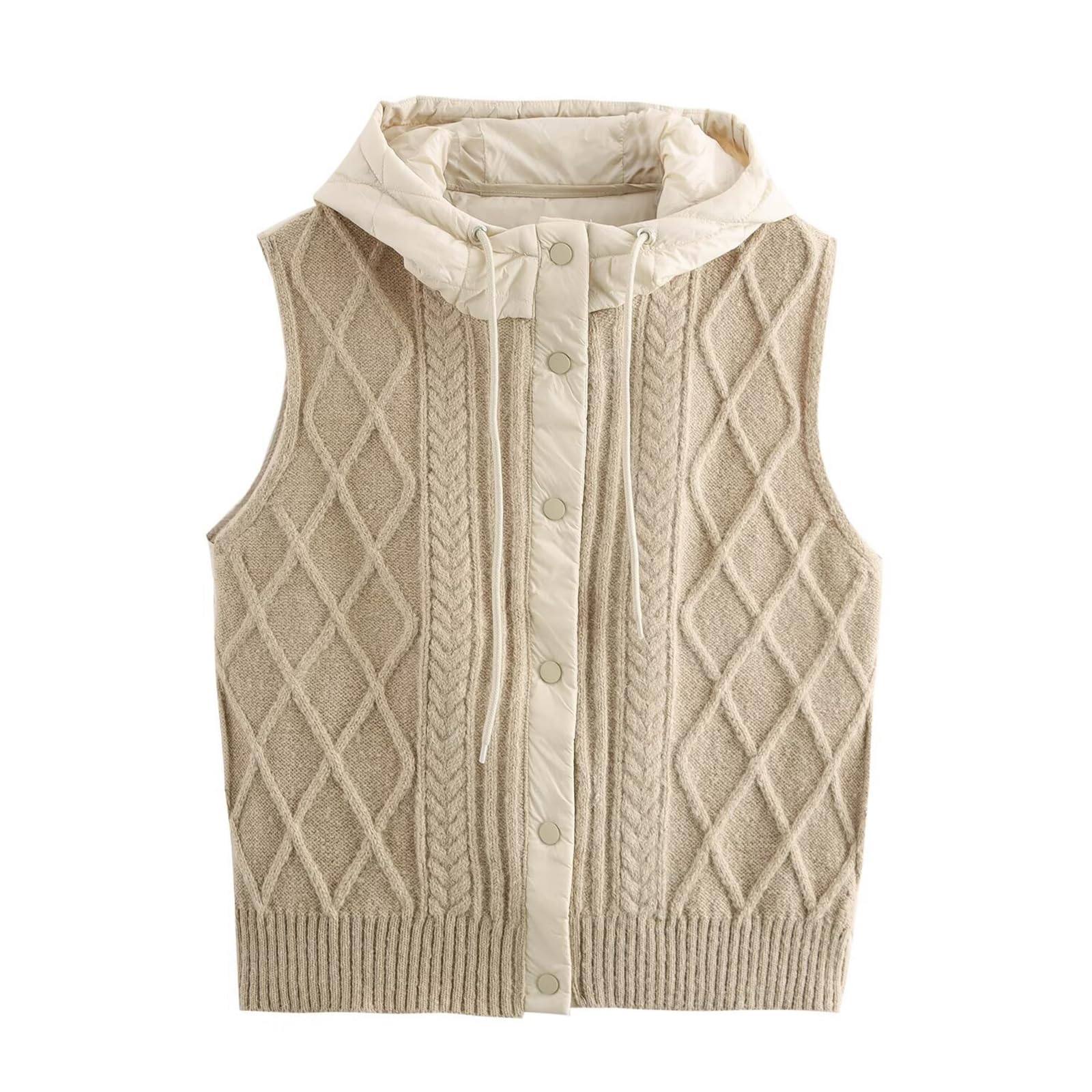 Womens Quilted Hooded Knit Vest Lightweight Padded Sleeveless Jacket Casual Retro Layered Sweater Vest