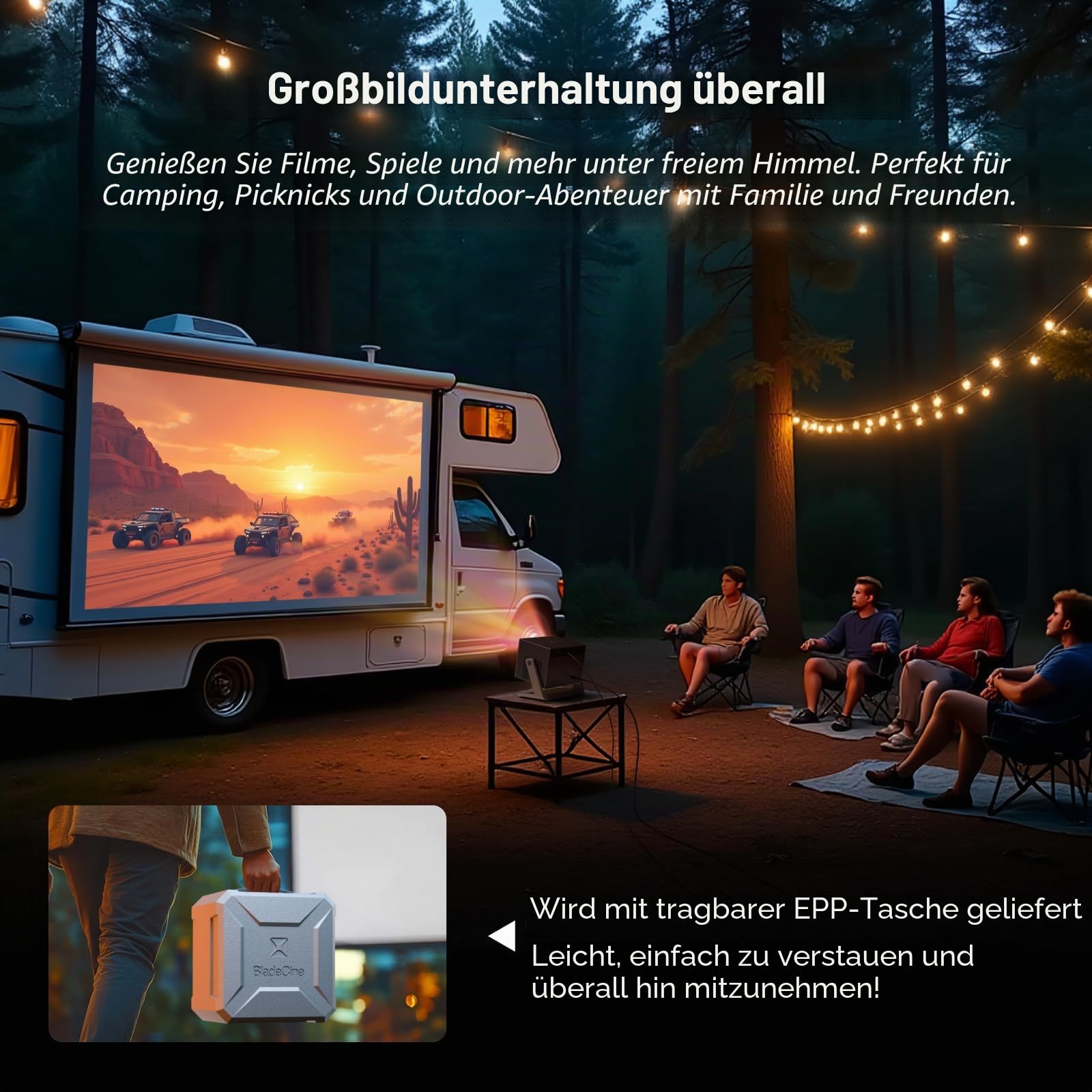 Cube 600 Projektor mit eingebautem Google TV, 1080P Tragbarer Projektor mit WiFi & Bluetooth, True 600 ISO Lumen, 360° Gimbal Ständer, Auto Keystone, unter 26dB, versiegelter optischer Motor, MAX 200