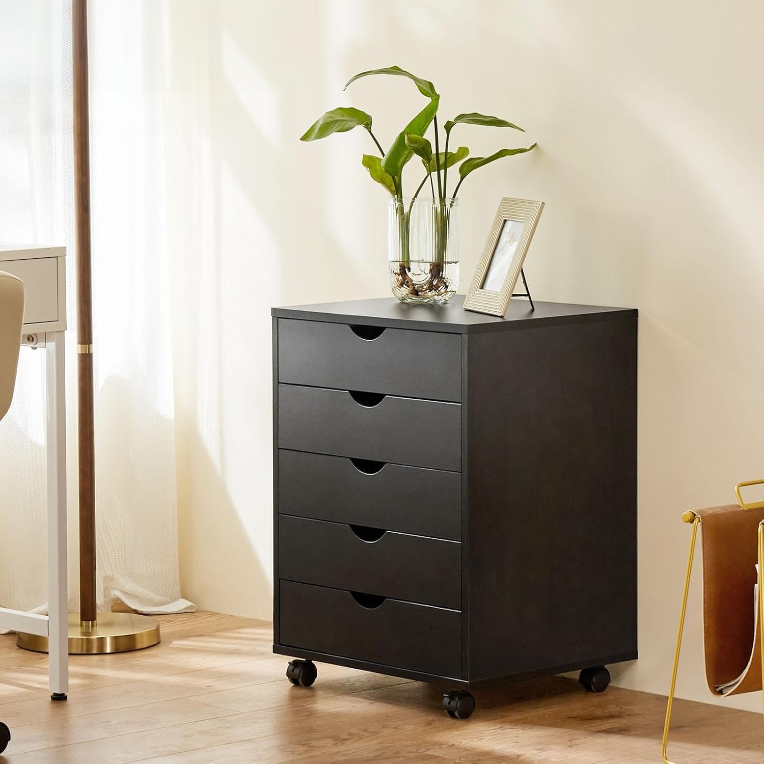 Elevon 5 Drawer Chest, Dressers Storage Cabinets Wooden Dresser Mobile Cabinet with Wheels Room Organizer, Small Drawers Wood Organization Furniture for Office, Home,Black