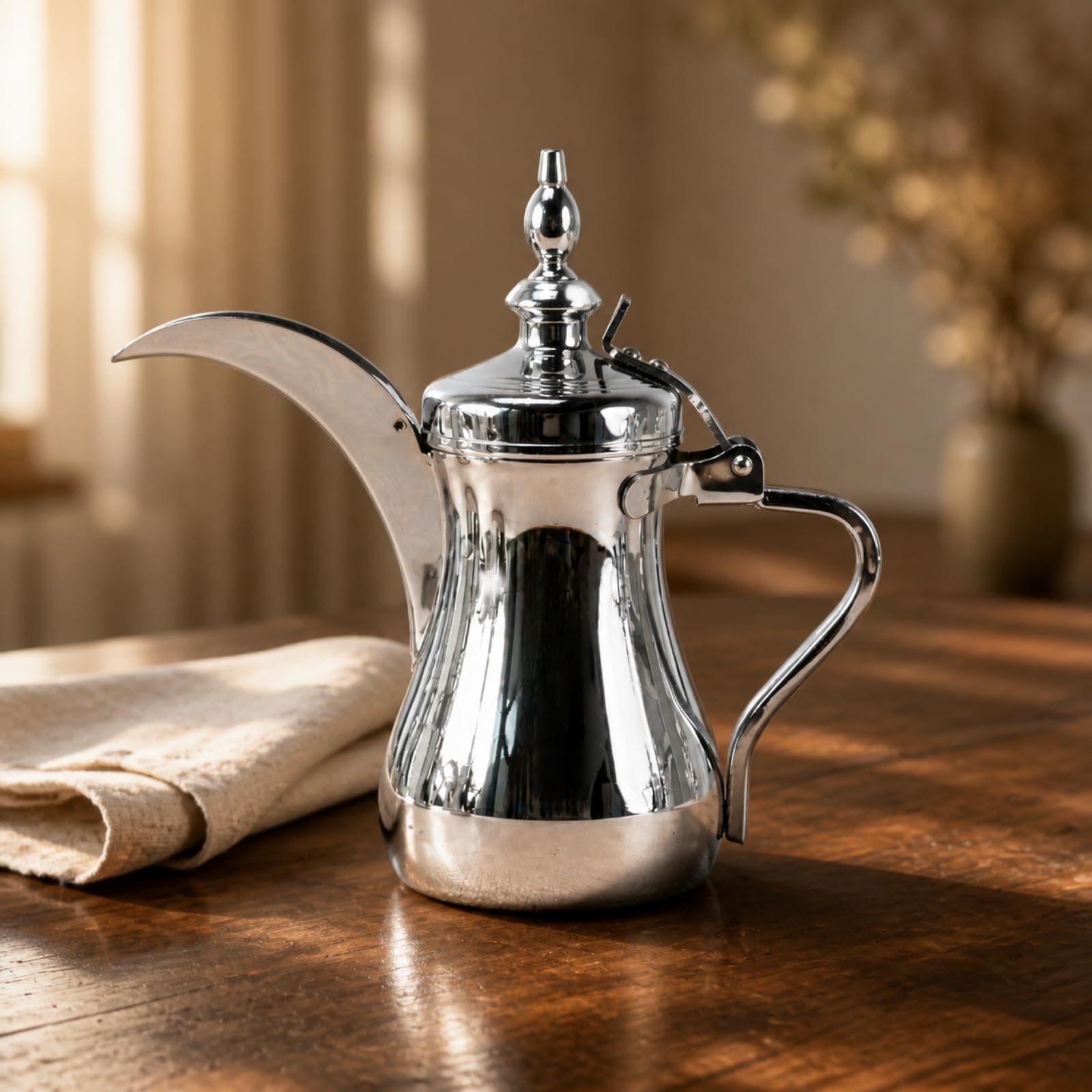 LOVIVER Caffettiera per Caffè Arabo Alimentare, 1100 Ml, Cromato Con Coperchio Dorato