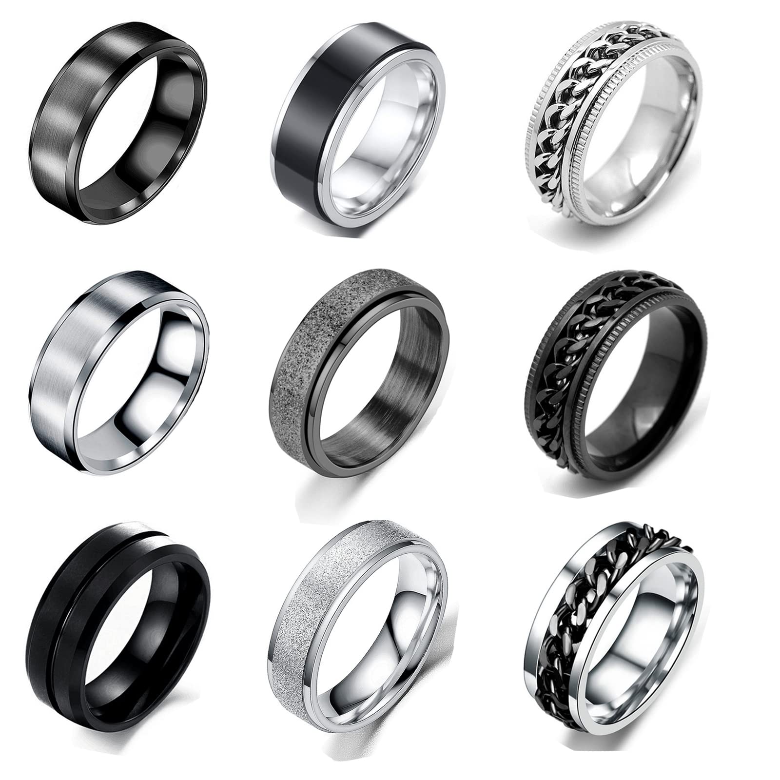 VELESAY9 Piezas Anillos Hombre Acero Inoxidable Vintage Cadena Anillos Giratorios Anillos para Hombres Mujeres Anillos Hombre Negro Anillo Giratorio Hombre Anillos de Acero Mujer Anillos Hombre y Mujer
