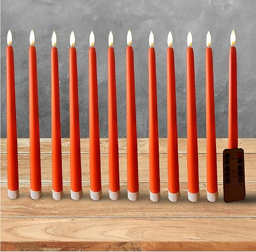Velas cónicas sin llama naranja con temporizador remoto, velas LED parpadeantes que funcionan con pilas, juego de 12