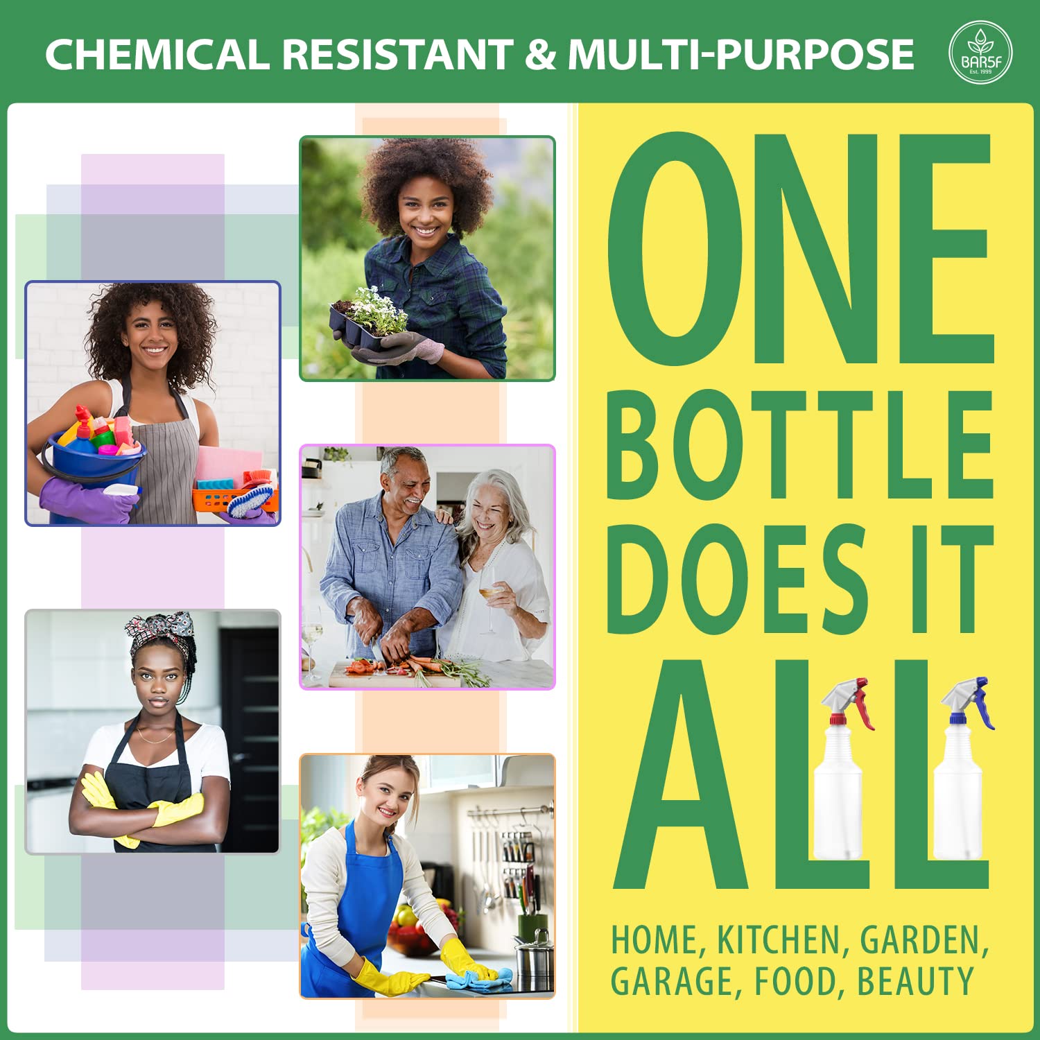 Bar5F Empty Plastic Spray Bottles, Home Sweet Home, Multi-Purpose 32 Oz, Adjustable for Fine Mist, Spray, Stream or Off, Cleaning Solutions Gardening Pets Food Grade
